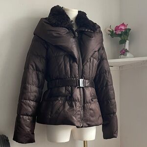 Women’s Brown Quilted Puffer Jacket with Belt